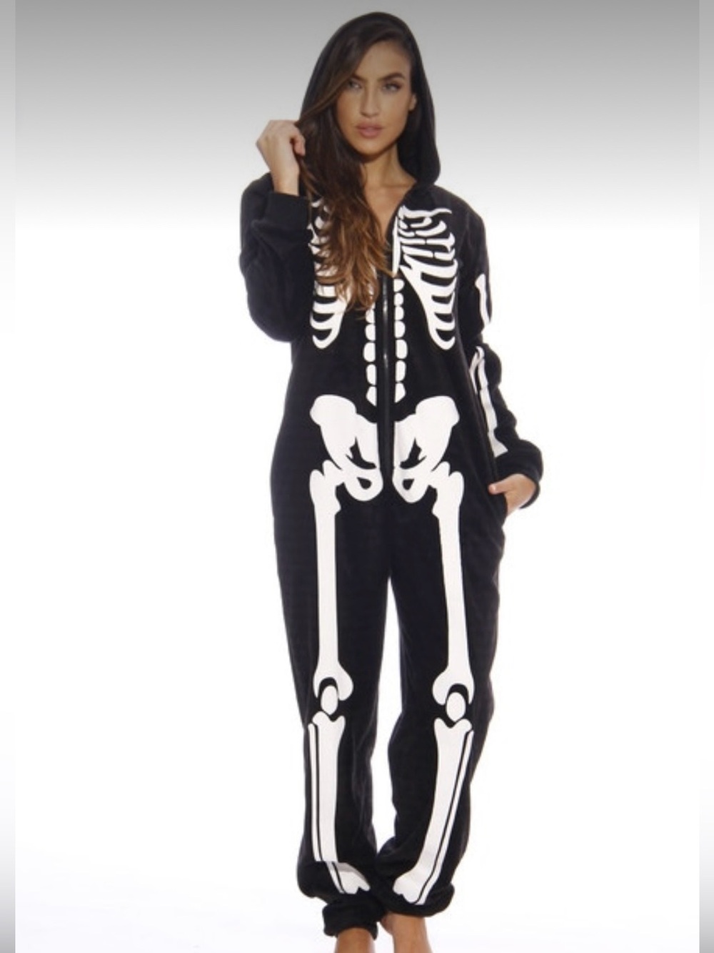TWO Black Skeleton Print Fleece Jumpsuit for Halloween